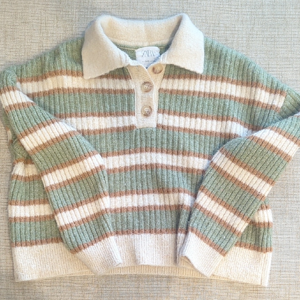 Zara Green and Cream Striped Sweater